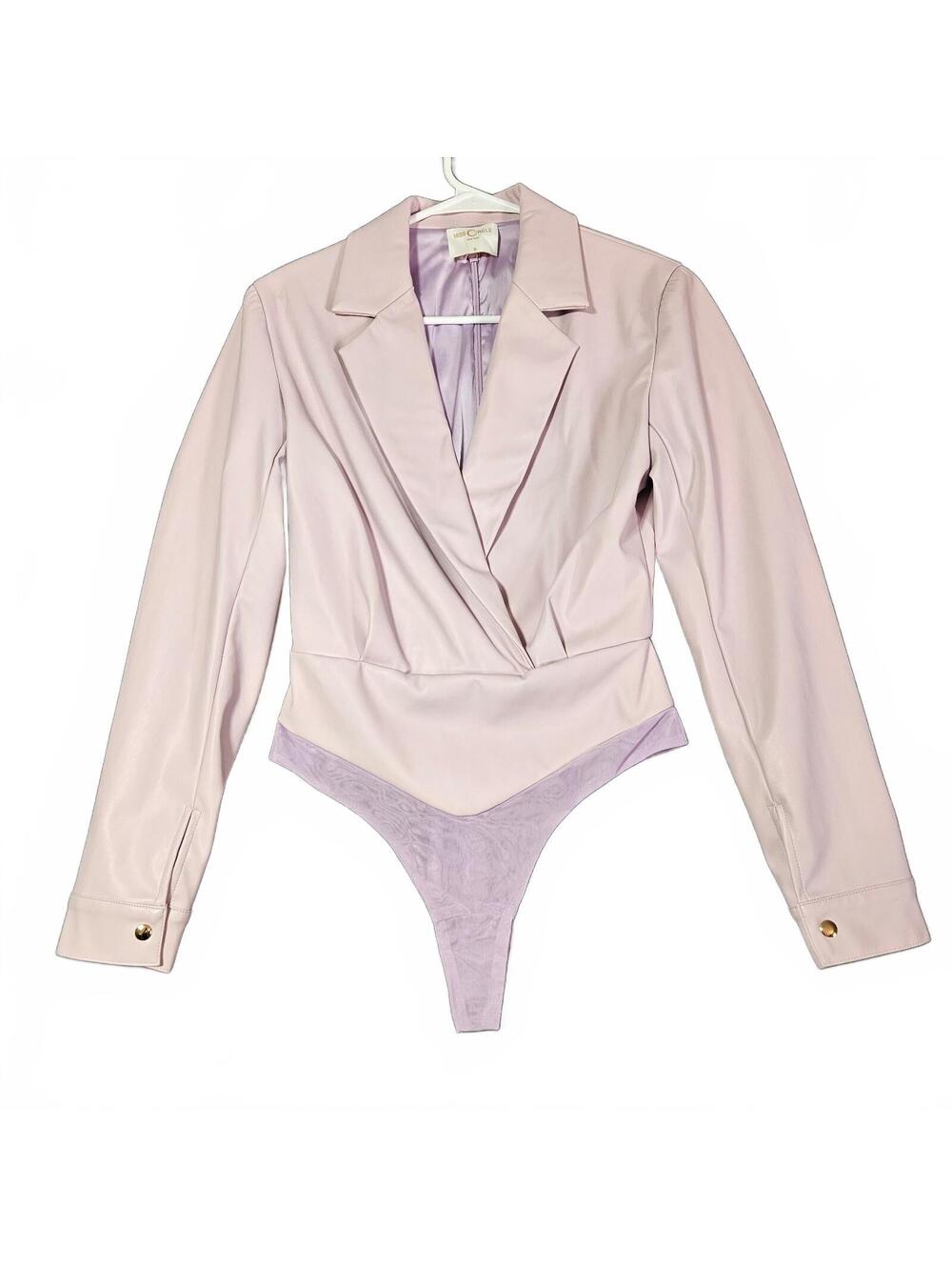 NEW Faux Leather Blazer Bodysuit Soft Pastel Pink Like Designer Wrap Tailored